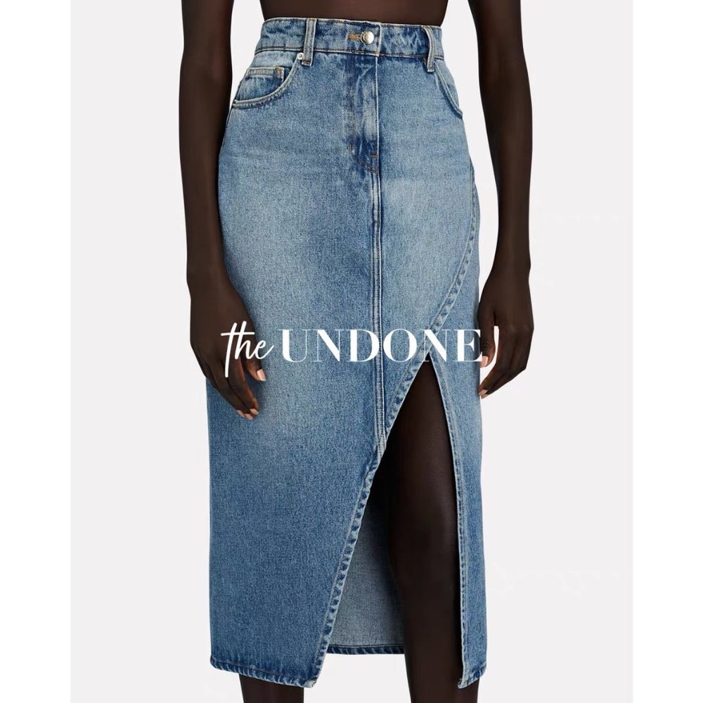 Distressed Washed Slit Denim Midi Skirt SIZE S